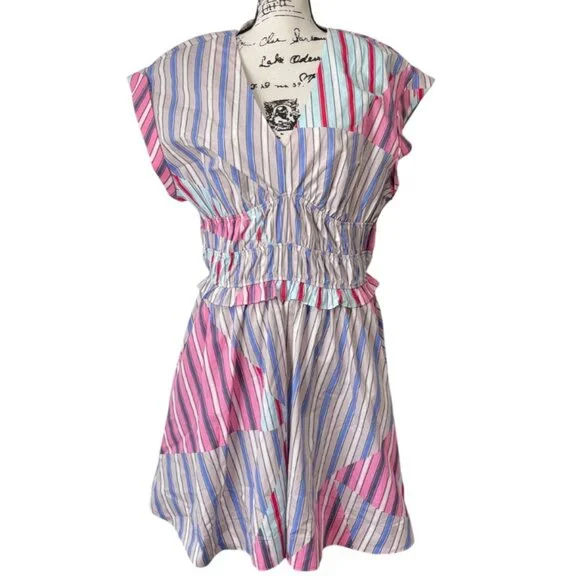 Anthropologie V-Neck Striped A-Line Mini Dress Elastic-Waist Cotton Women Size L - Picture 2 of 8